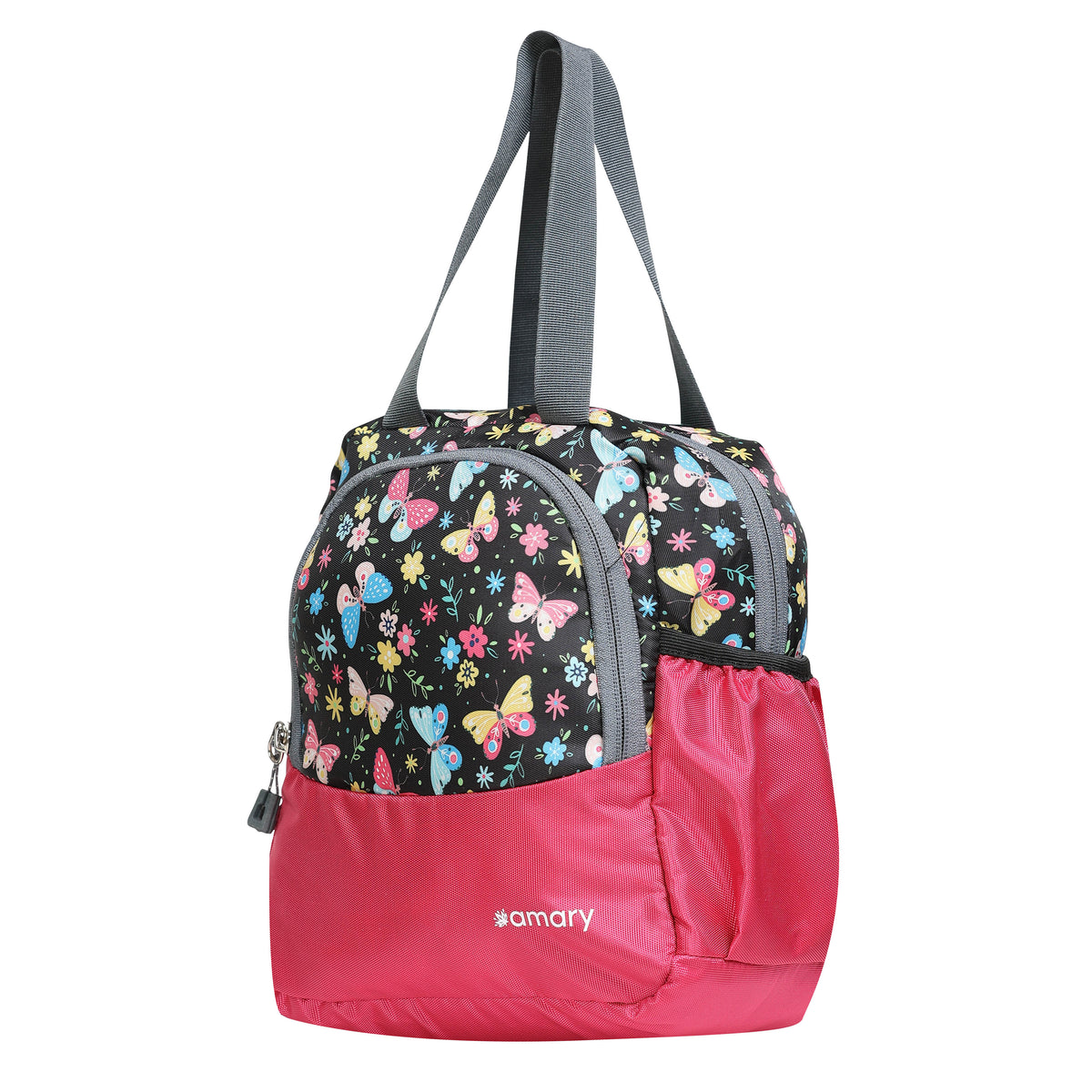 AMARY Lunch Bag with Front Pockets & Bottle Holder | Sturdy Light Weight Special Material | Water Repellent | Spacious Tiffin Bag, Lunch Bag, Storage Bag for All Purpose Needs (Butterfly, Pink)