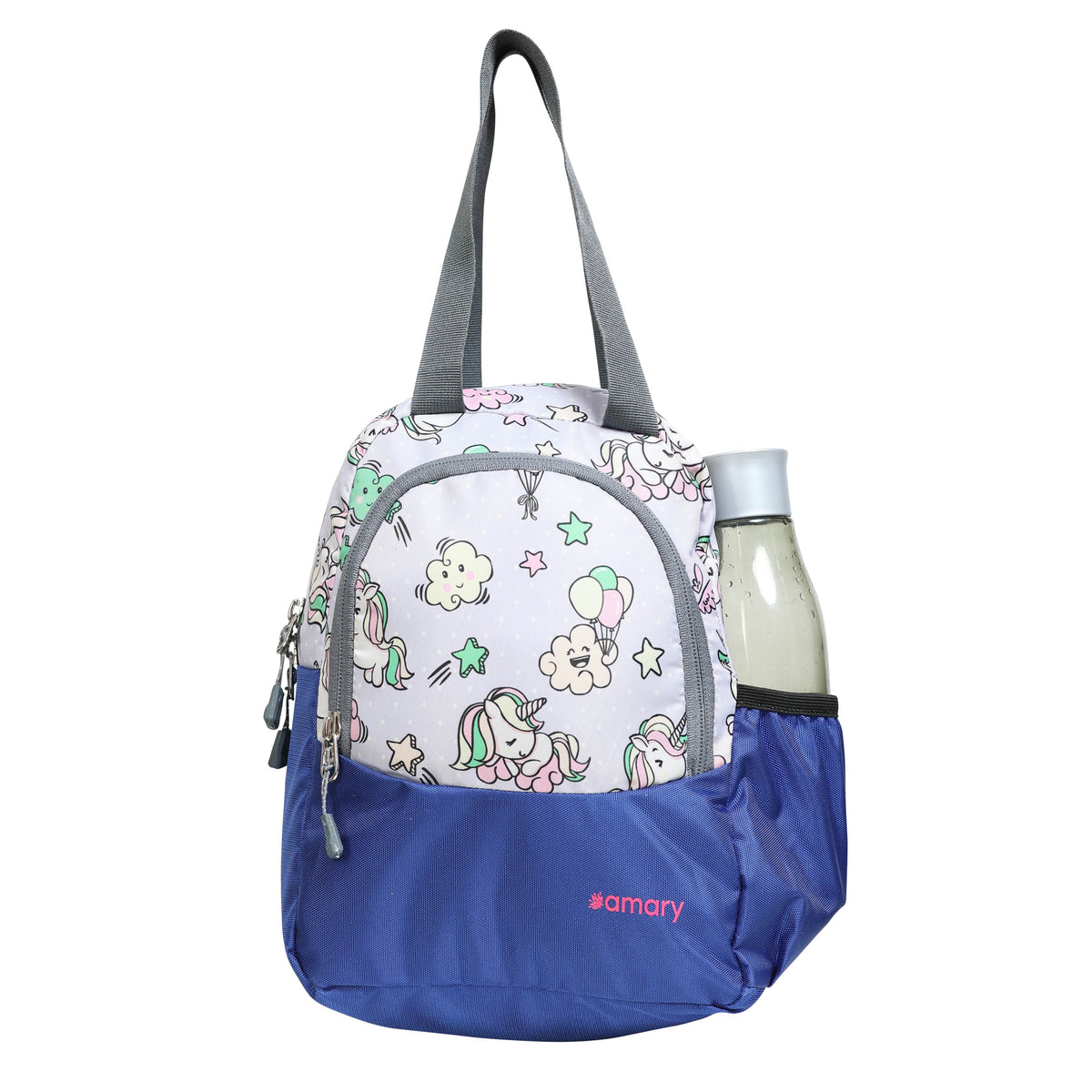 AMARY Lunch Bag with Front Pockets & Bottle Holder | Sturdy Light Weight Special Material | Water Repellent | Spacious Tiffin Bag, Lunch Bag, Storage Bag for All Purpose Needs (Unicorn, Blue )