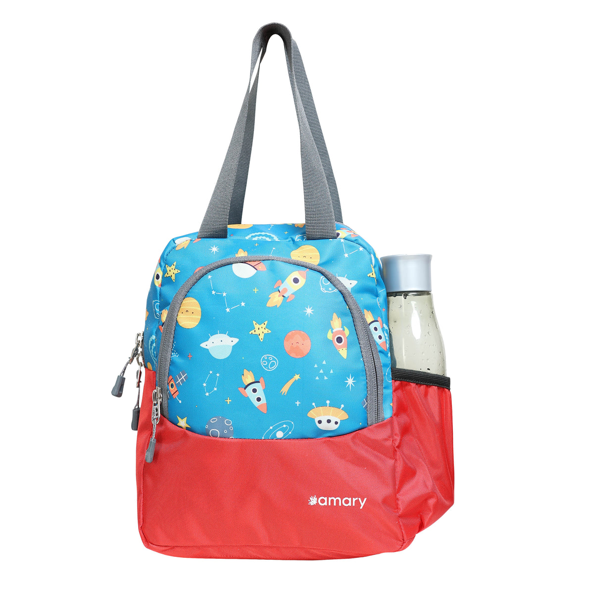 AMARY Lunch Bag with Front Pockets & Bottle Holder | Sturdy Light Weight Special Material |Water Repellent | Spacious Tiffin Bag, Lunch Bag, Bag for All Purpose Needs ( Galaxy Universe, Red)
