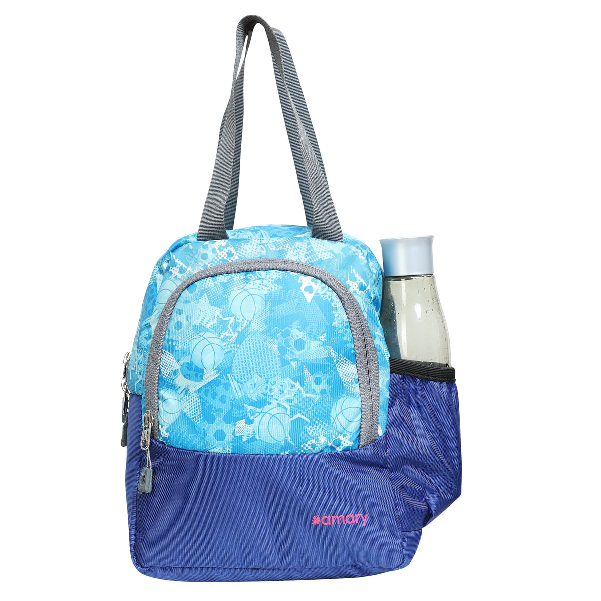 AMARY Lunch Bag with Front Pockets & Bottle Holder | Sturdy Light Weight Special Material | Water Repellent | Spacious Tiffin Bag, Lunch Bag, Storage Bag for All Purpose Needs (Football, Blue )