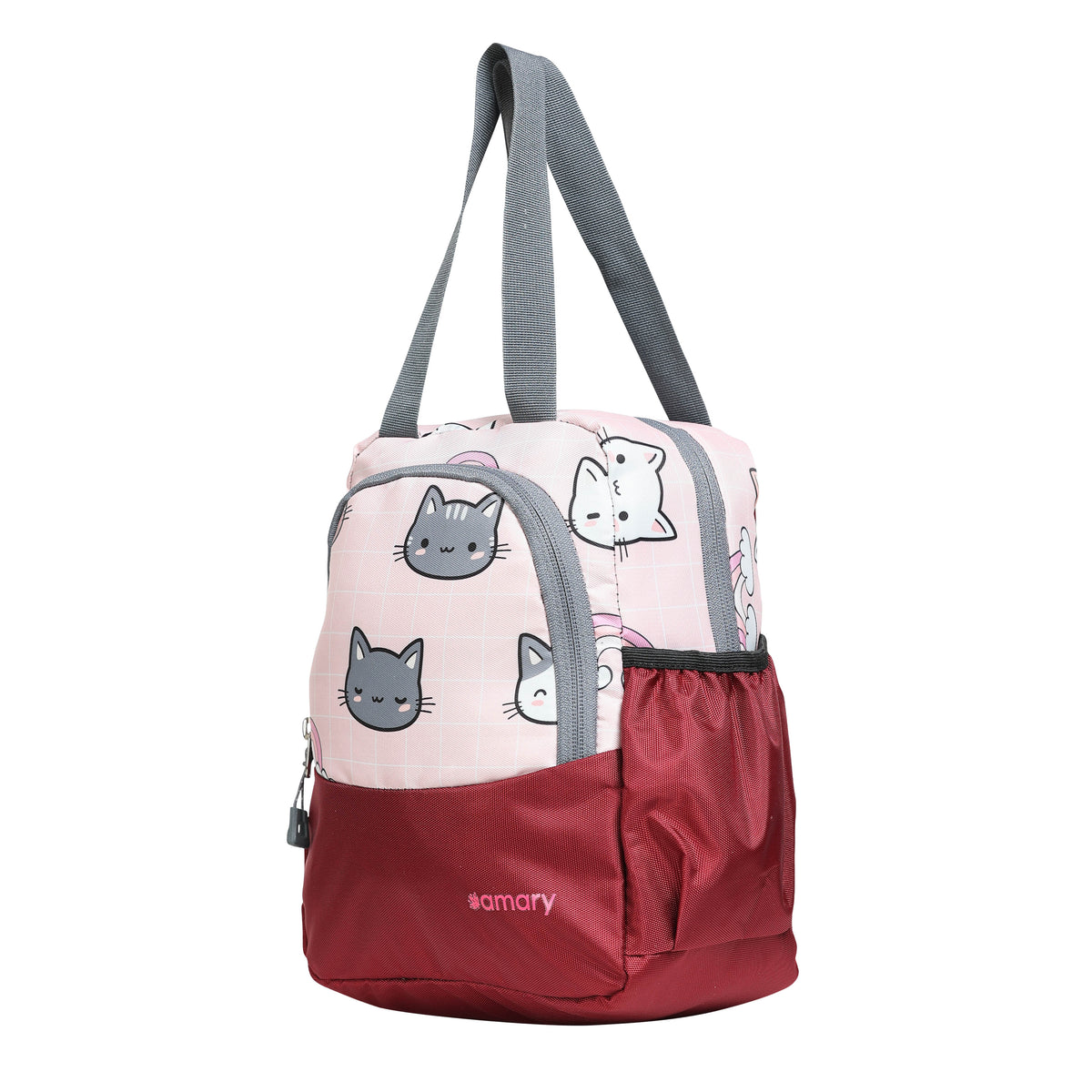 AMARY Lunch Bag with Front Pockets & Bottle Holder | Sturdy Light Weight Special Material | Water Repellent | Spacious Tiffin Bag, Lunch Bag, Storage Bag for All Purpose Needs (Cat Rainbow, Maroon)