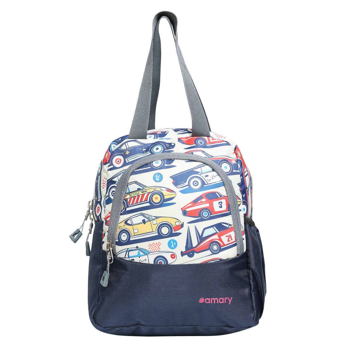 AMARY Lunch Bag with Front Pockets & Bottle Holder | Sturdy Light Weight Special Material | Water Repellent | Spacious Tiffin Bag, Lunch Bag, Storage Bag for All Purpose Needs (Car, Navy Blue)