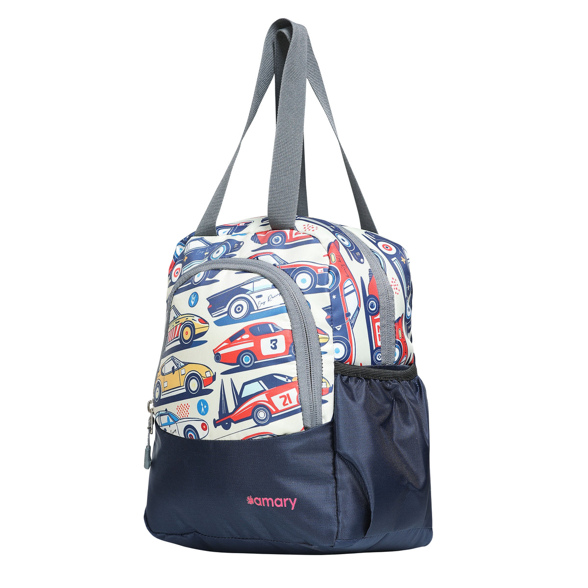 AMARY Lunch Bag with Front Pockets & Bottle Holder | Sturdy Light Weight Special Material | Water Repellent | Spacious Tiffin Bag, Lunch Bag, Storage Bag for All Purpose Needs (Car, Navy Blue)