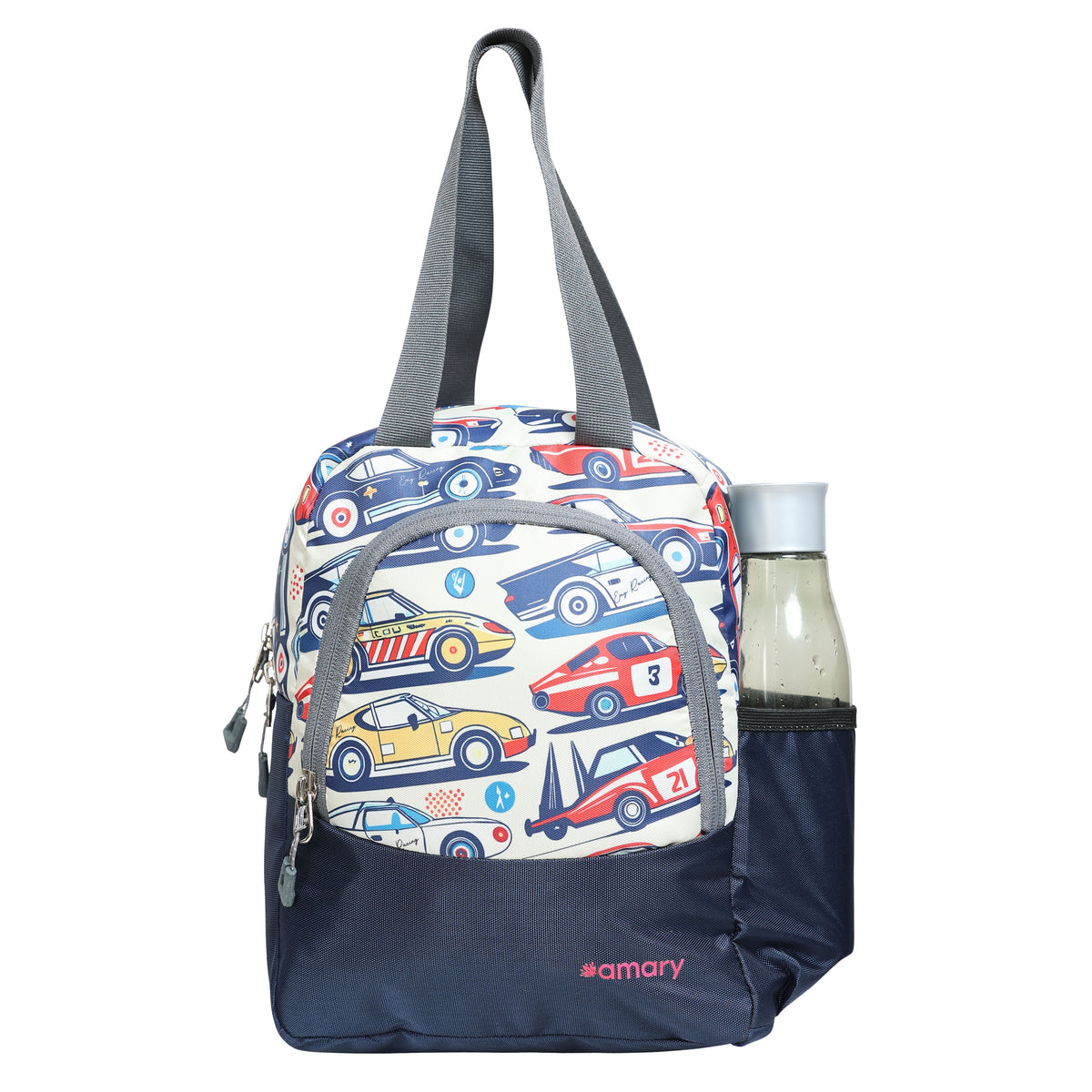 AMARY Lunch Bag with Front Pockets & Bottle Holder | Sturdy Light Weight Special Material | Water Repellent | Spacious Tiffin Bag, Lunch Bag, Storage Bag for All Purpose Needs (Car, Navy Blue)