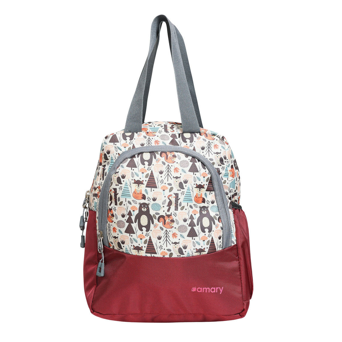 AMARY Lunch Bag with Front Pockets & Bottle Holder | Sturdy Light Weight Special Material |Water Repellent | Spacious Tiffin Bag, Lunch Bag, Bag for All Purpose Needs (Birds Bear, Maroon)