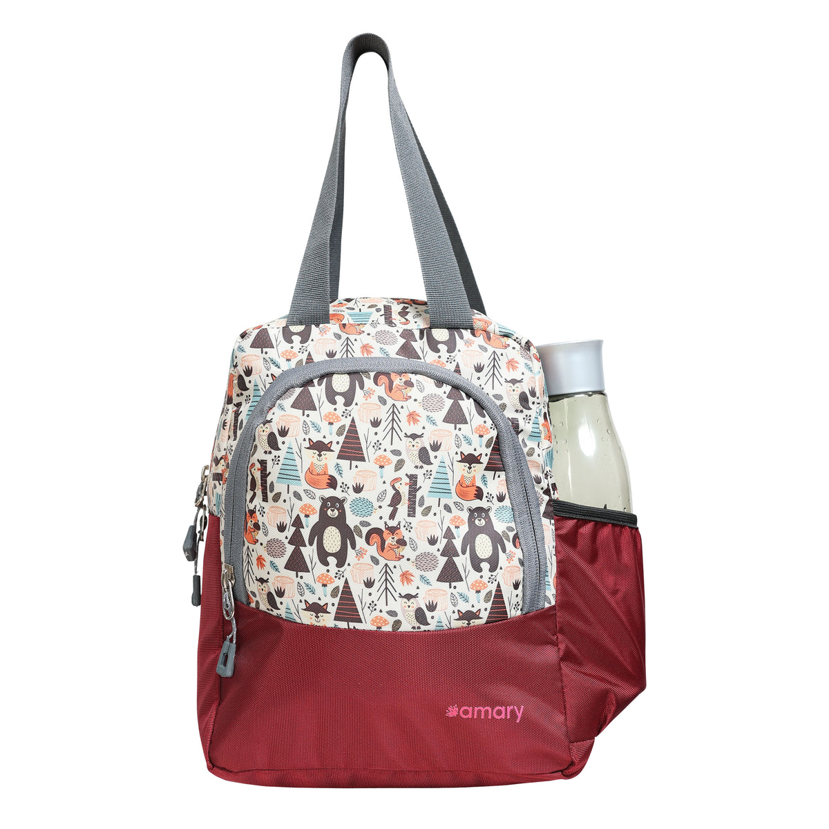 AMARY Lunch Bag with Front Pockets & Bottle Holder | Sturdy Light Weight Special Material |Water Repellent | Spacious Tiffin Bag, Lunch Bag, Bag for All Purpose Needs (Birds Bear, Maroon)