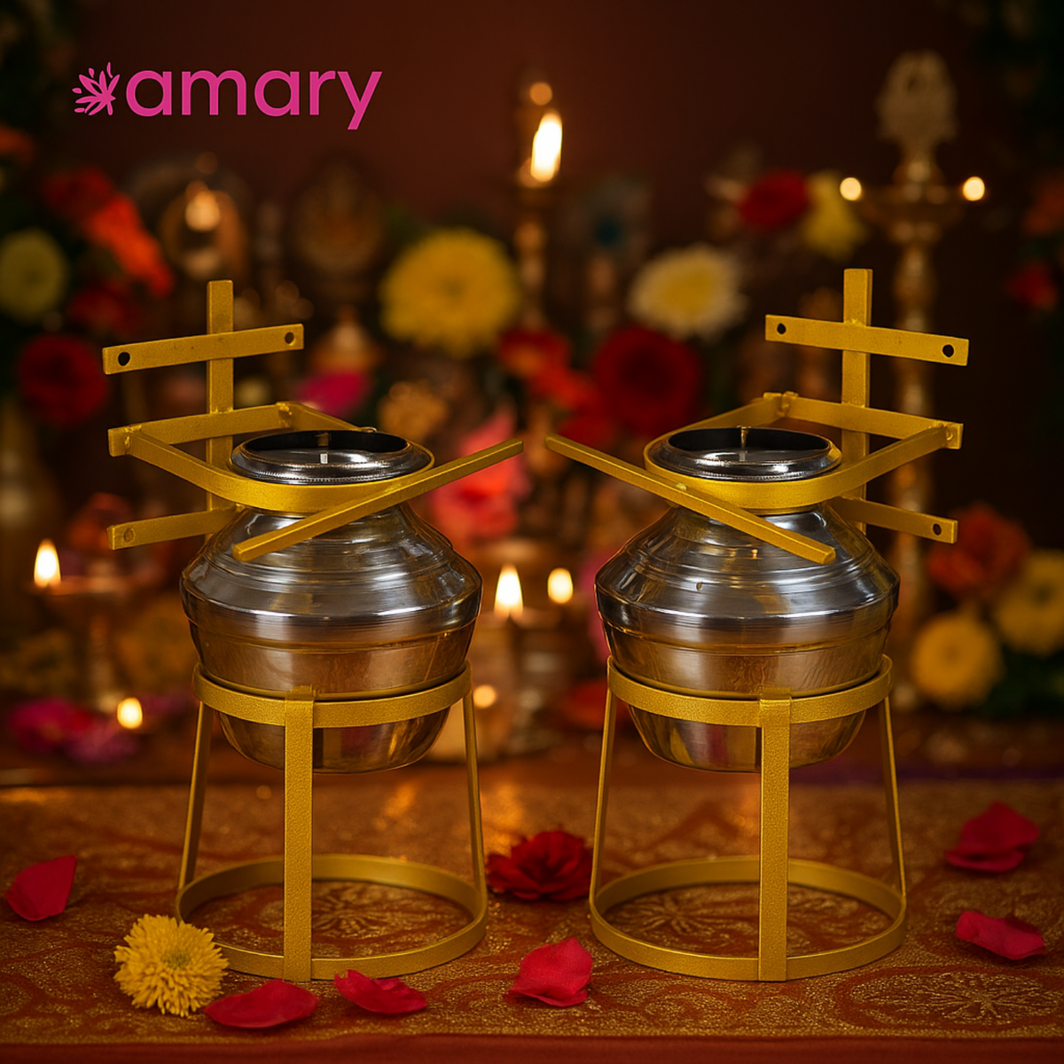 AMARY Lakshmi Pooja Stand | Kalash Stand for Saree Decoration | 3-Step Height Adjustment | 2 Inch Length Adjustable and Height 56 cm | Easy-to-Use Wing Nut Butterfly Screw System | Gold Color