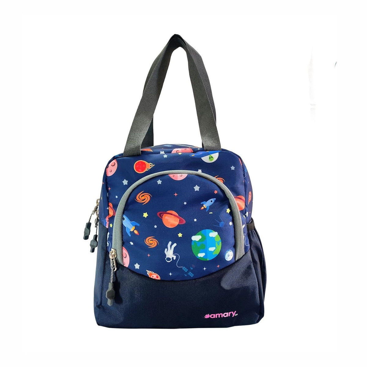 AMARY Lunch Bag with Front Pockets & Bottle Holder | Sturdy Light Weight Special Material | Water Repellent | Spacious Tiffin Bag, Lunch Bag, Storage Bag for All Purpose Needs (Floral, Violet)