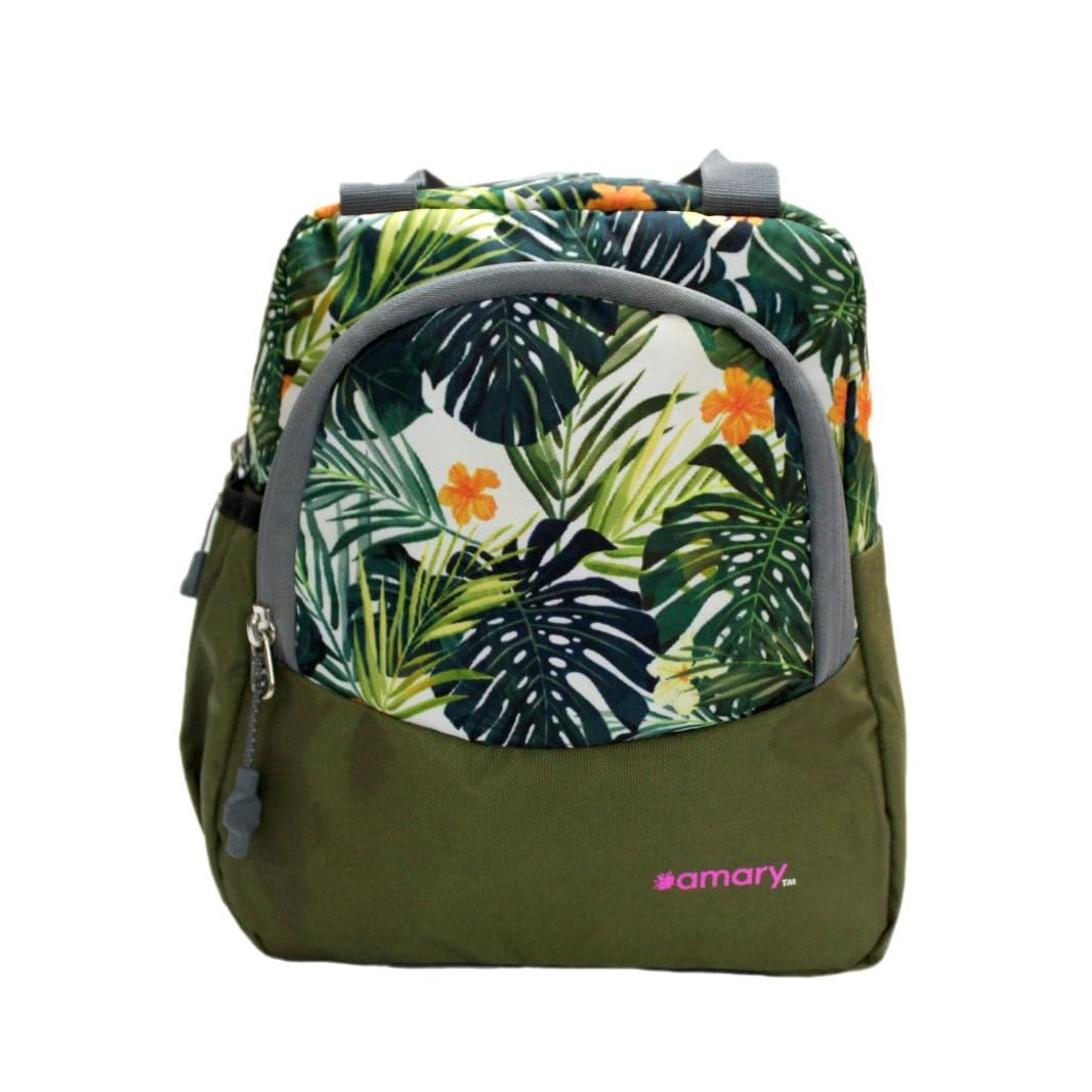 AMARY Lunch Bag with Front Pockets & Bottle Holder | Sturdy Light Weight Special Material | Water Repellent | Spacious Tiffin Bag, Lunch Bag, Storage Bag for All Purpose Needs (Floral, Army Green)