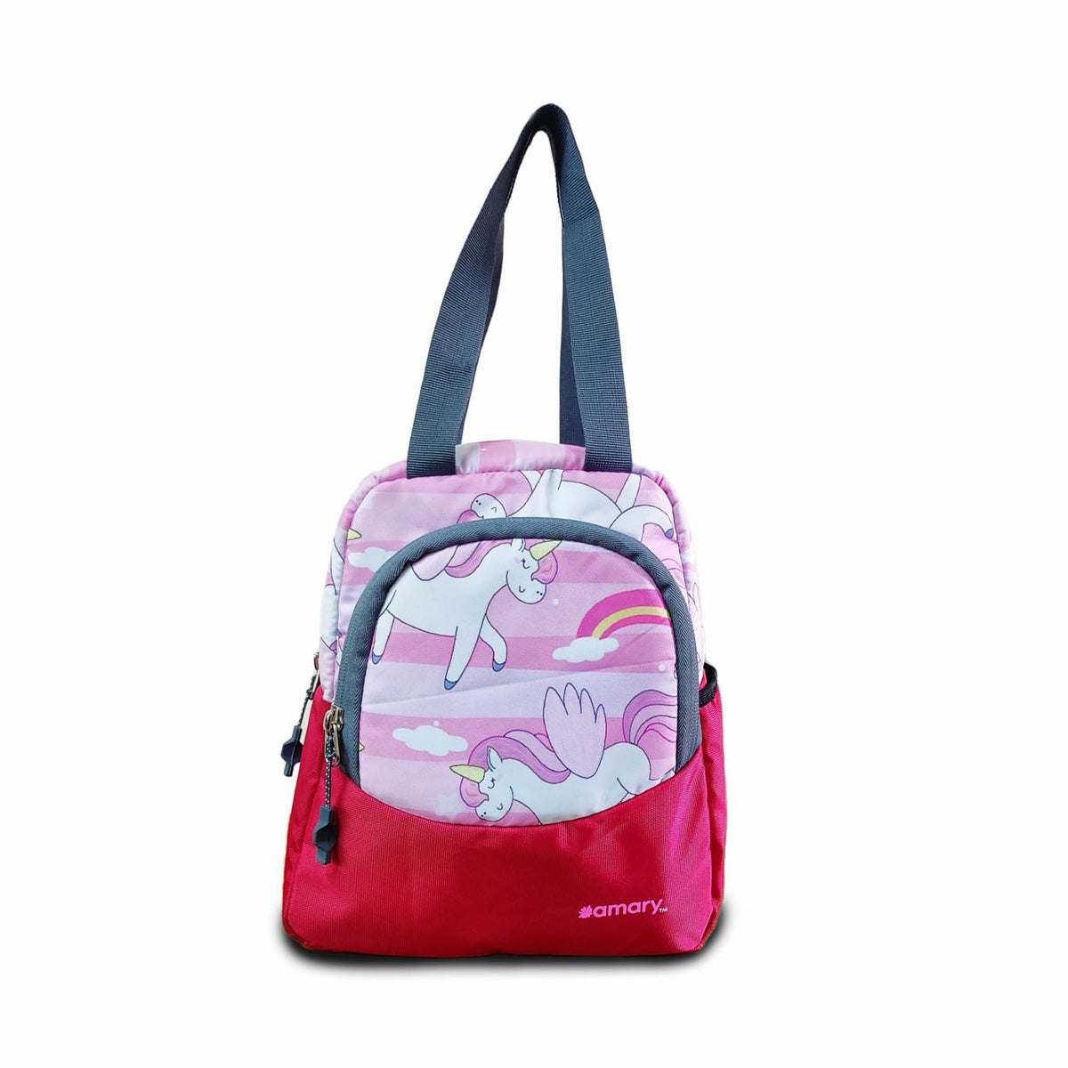 AMARY Lunch Bag with Front Pockets & Bottle Holder | Sturdy Light Weight Special Material | Water Repellent | Spacious Tiffin Bag, Lunch Bag, Storage Bag for All Purpose Needs (Unicorn, Pink)