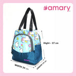 AMARY Lunch Bag with Front Pockets & Bottle Holder | Sturdy Light Weight Special Material | Water Repellent | Spacious Tiffin Bag, Lunch Bag, Storage Bag for All Purpose Needs (Unicorn, Aqua Blue)