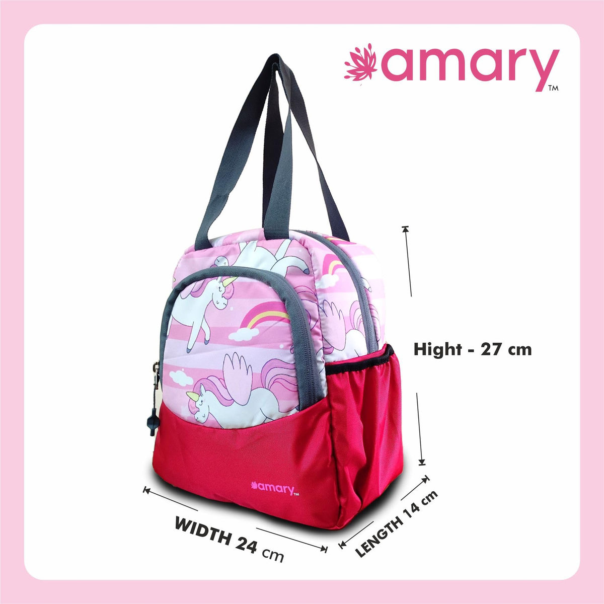 AMARY Lunch Bag with Front Pockets & Bottle Holder | Sturdy Light Weight Special Material | Water Repellent | Spacious Tiffin Bag, Lunch Bag, Storage Bag for All Purpose Needs (Unicorn, Pink)