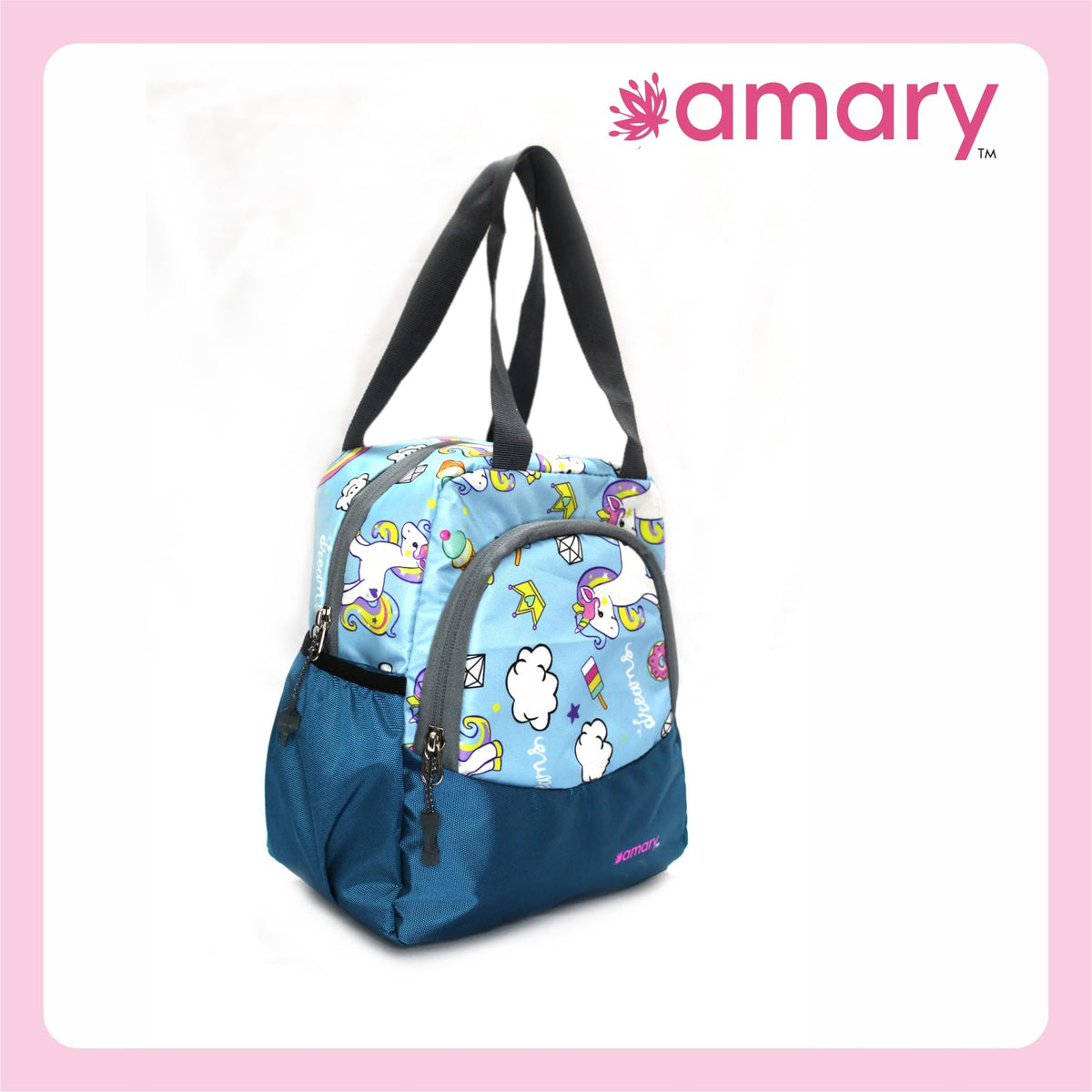 AMARY Lunch Bag with Front Pockets & Bottle Holder | Sturdy Light Weight Special Material | Water Repellent | Spacious Tiffin Bag, Lunch Bag, Storage Bag for All Purpose Needs (Unicorn, Aqua Blue)