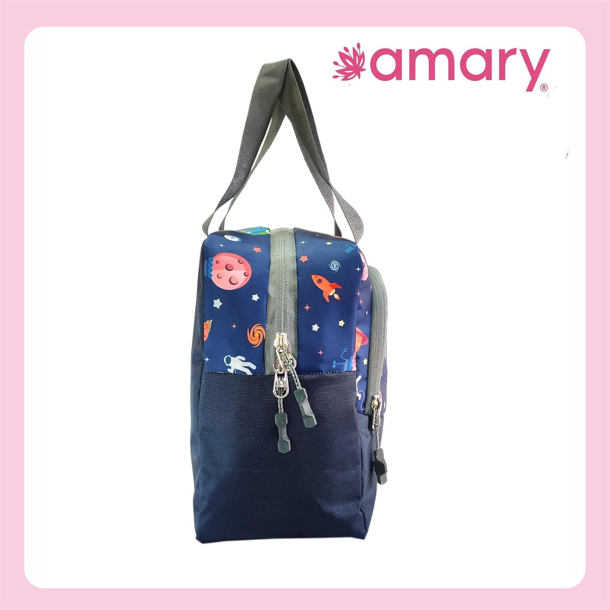 AMARY Lunch Bag with Front Pockets & Bottle Holder | Sturdy Light Weight Special Material | Water Repellent | Spacious Tiffin Bag, Lunch Bag, Storage Bag for All Purpose Needs (Floral, Violet)