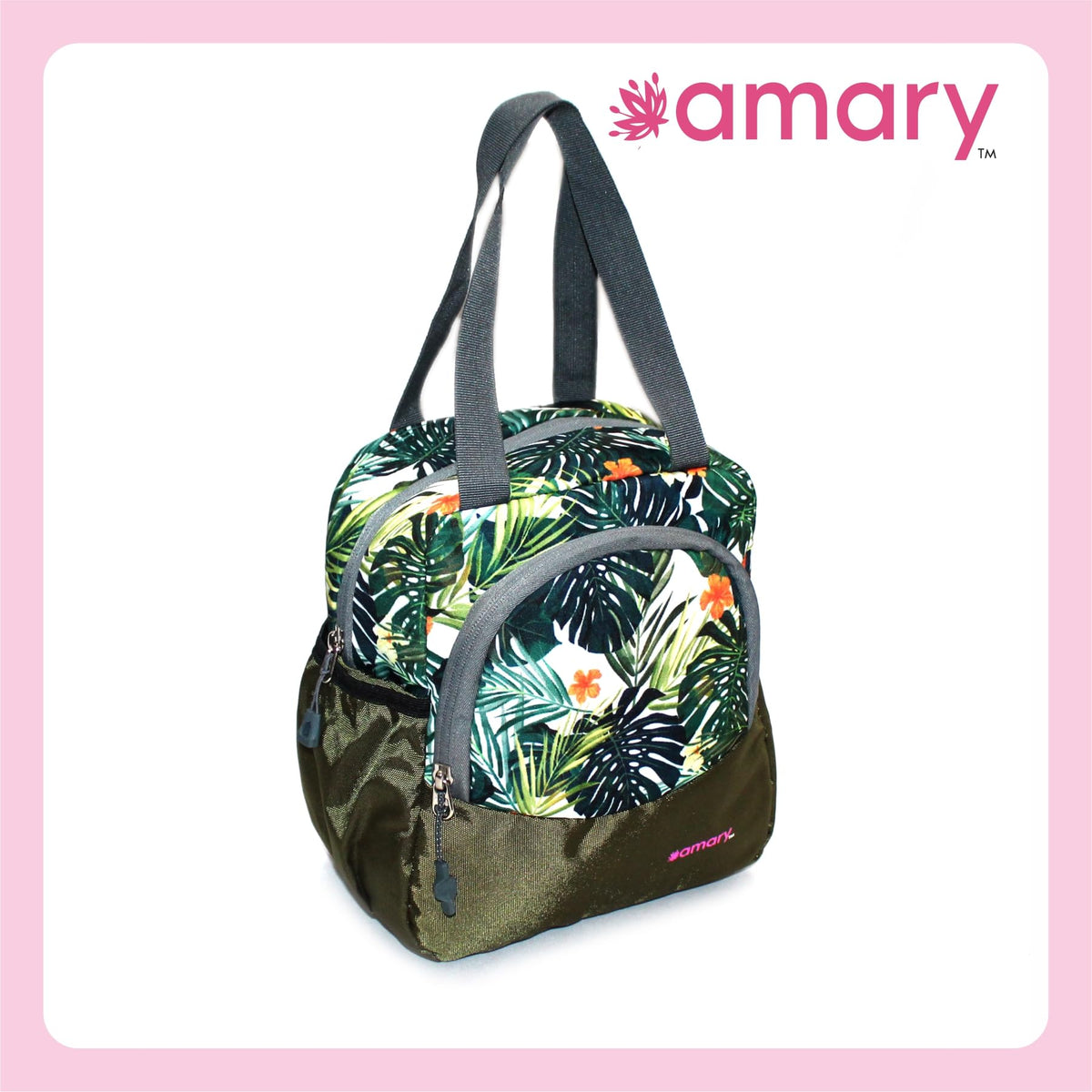 AMARY Lunch Bag with Front Pockets & Bottle Holder | Sturdy Light Weight Special Material | Water Repellent | Spacious Tiffin Bag, Lunch Bag, Storage Bag for All Purpose Needs (Floral, Army Green)