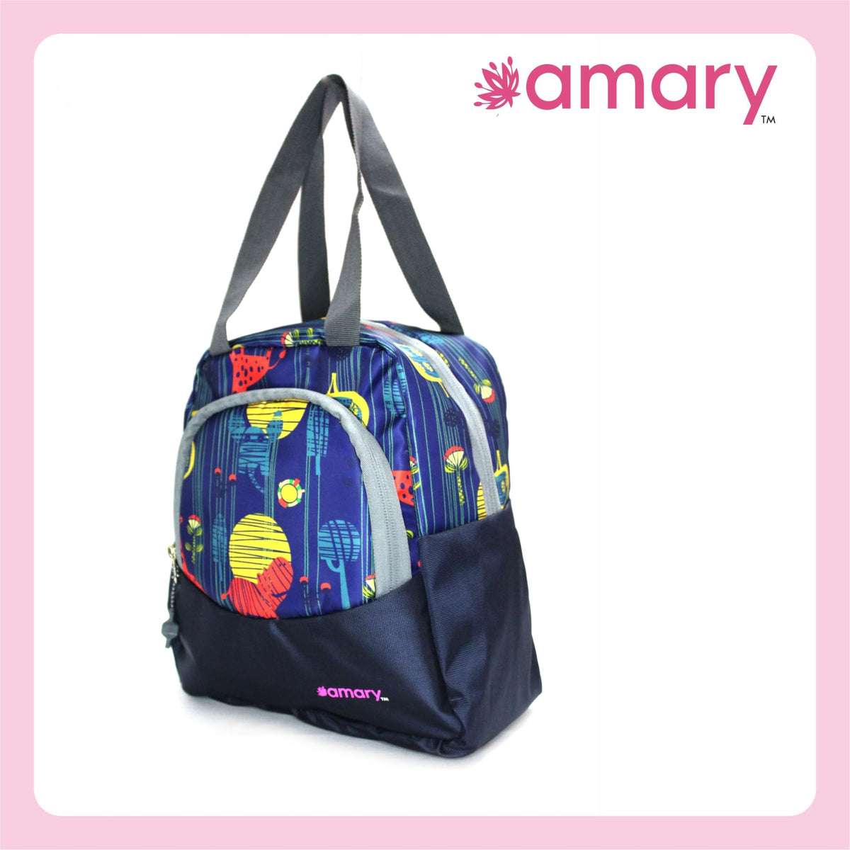 AMARY Lunch Bag with Front Pockets & Bottle Holder | Sturdy Light Weight Special Material | Water Repellent | Spacious Tiffin Bag, Lunch Bag, Storage Bag for All Purpose Needs (Giraffe, Navy Blue)