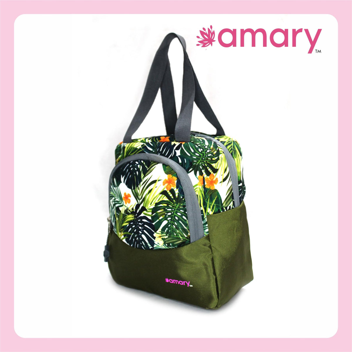 AMARY Lunch Bag with Front Pockets & Bottle Holder | Sturdy Light Weight Special Material | Water Repellent | Spacious Tiffin Bag, Lunch Bag, Storage Bag for All Purpose Needs (Floral, Army Green)