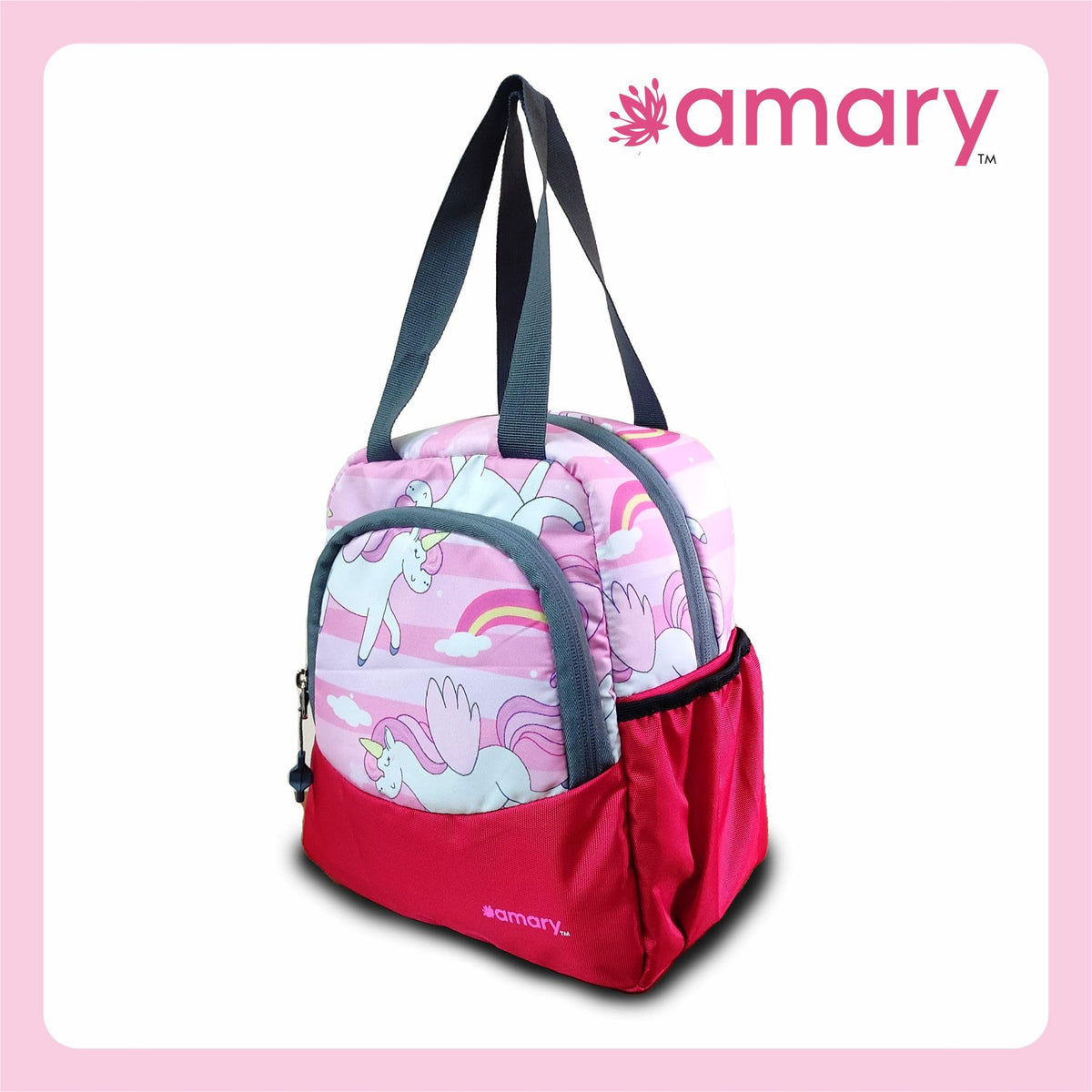 AMARY Lunch Bag with Front Pockets & Bottle Holder | Sturdy Light Weight Special Material | Water Repellent | Spacious Tiffin Bag, Lunch Bag, Storage Bag for All Purpose Needs (Unicorn, Pink)