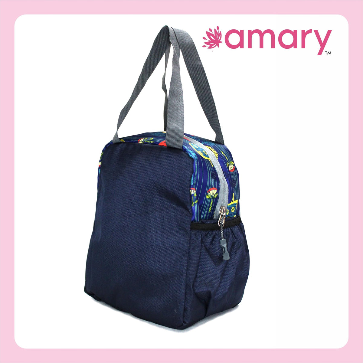 AMARY Lunch Bag with Front Pockets & Bottle Holder | Sturdy Light Weight Special Material | Water Repellent | Spacious Tiffin Bag, Lunch Bag, Storage Bag for All Purpose Needs (Giraffe, Navy Blue)
