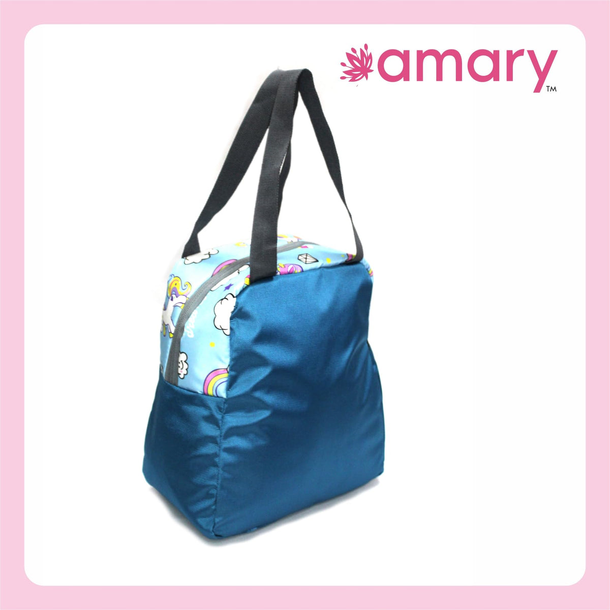 AMARY Lunch Bag with Front Pockets & Bottle Holder | Sturdy Light Weight Special Material | Water Repellent | Spacious Tiffin Bag, Lunch Bag, Storage Bag for All Purpose Needs (Unicorn, Aqua Blue)