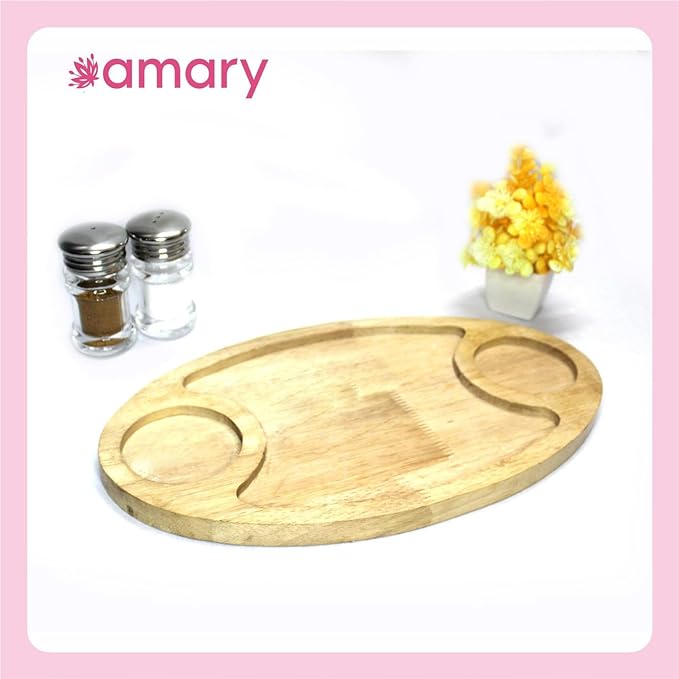 Amary Rubber Wood Oval Serving Tray – Multifunctional Tray with Sauce Dip Spaces, Easy to Carry & Decorate