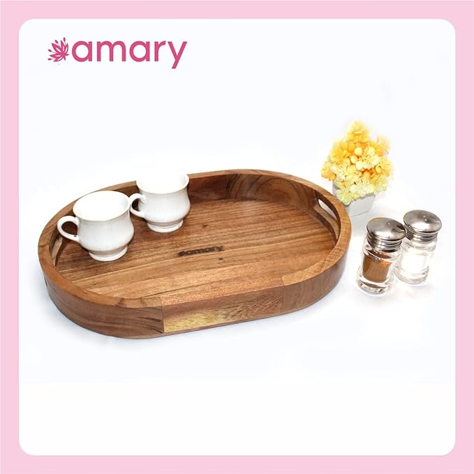 Amary Sheesham Wood Oval Serving Tray – Multifunctional Tray for Food & Drinks, Easy to Carry & Decorate