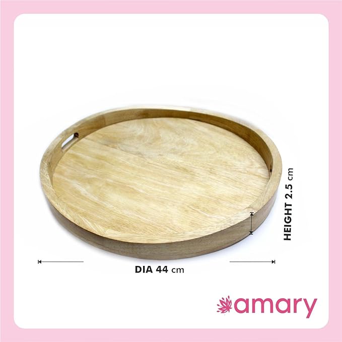 Amary Mango Wood Round Serving Tray – Handmade Multifunctional Tray for Food & Drinks, Easy Grip