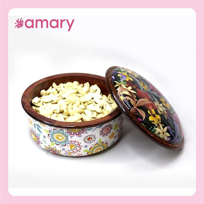 Amary Sheesham Wood Box with Lid – Hand-Enameled Storage for Dry Fruits & Jewelry, Kitchen Organizer