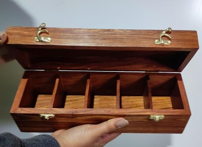 Amary Sheesham Spice Box – 5-Compartment Organizer with Spoon for Spices, Masala, & Dry Fruits