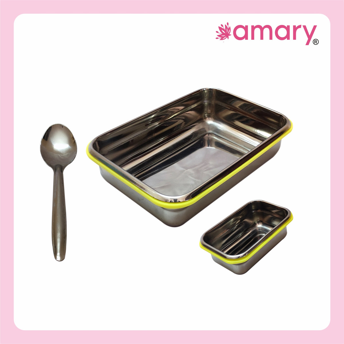 AMARY SS Lunch Box Medium Yellow - 270gm Stainless Steel Tiffin Container with 4 Side Clip Lock Lid for Office & School Use/Food Grade/Airtight/Leak Proof/Easy to Carry (270ml)
