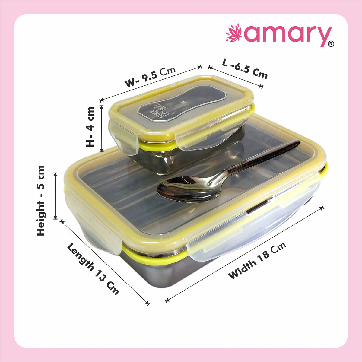 AMARY SS Lunch Box Medium Yellow - 270gm Stainless Steel Tiffin Container with 4 Side Clip Lock Lid for Office & School Use/Food Grade/Airtight/Leak Proof/Easy to Carry (270ml)