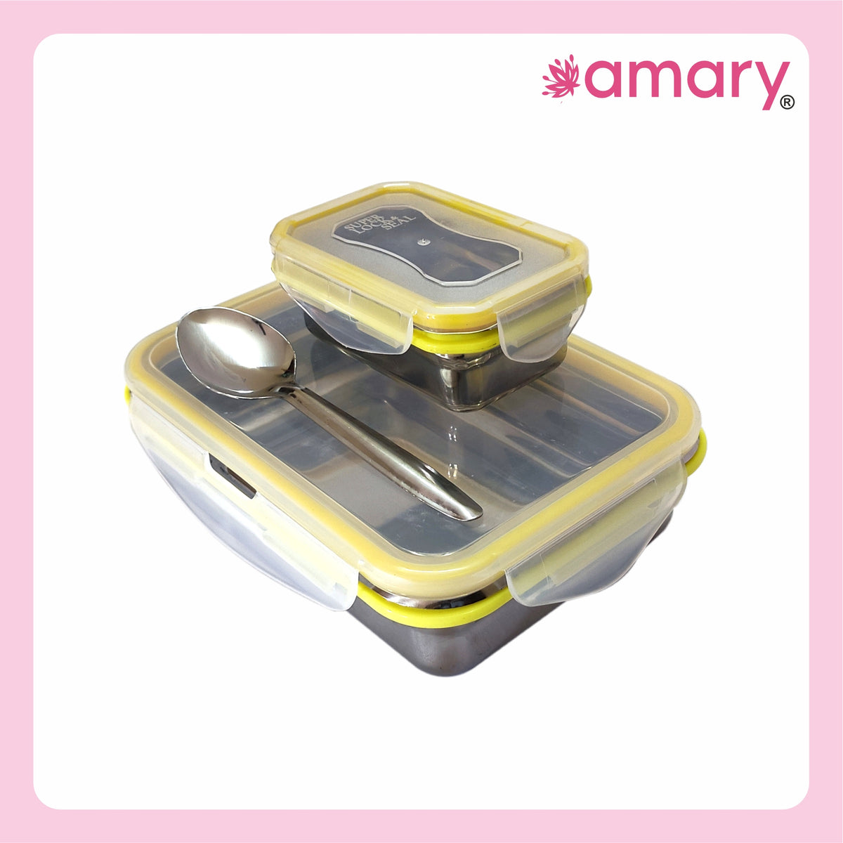 AMARY SS Lunch Box Medium Yellow - 270gm Stainless Steel Tiffin Container with 4 Side Clip Lock Lid for Office & School Use/Food Grade/Airtight/Leak Proof/Easy to Carry (270ml)