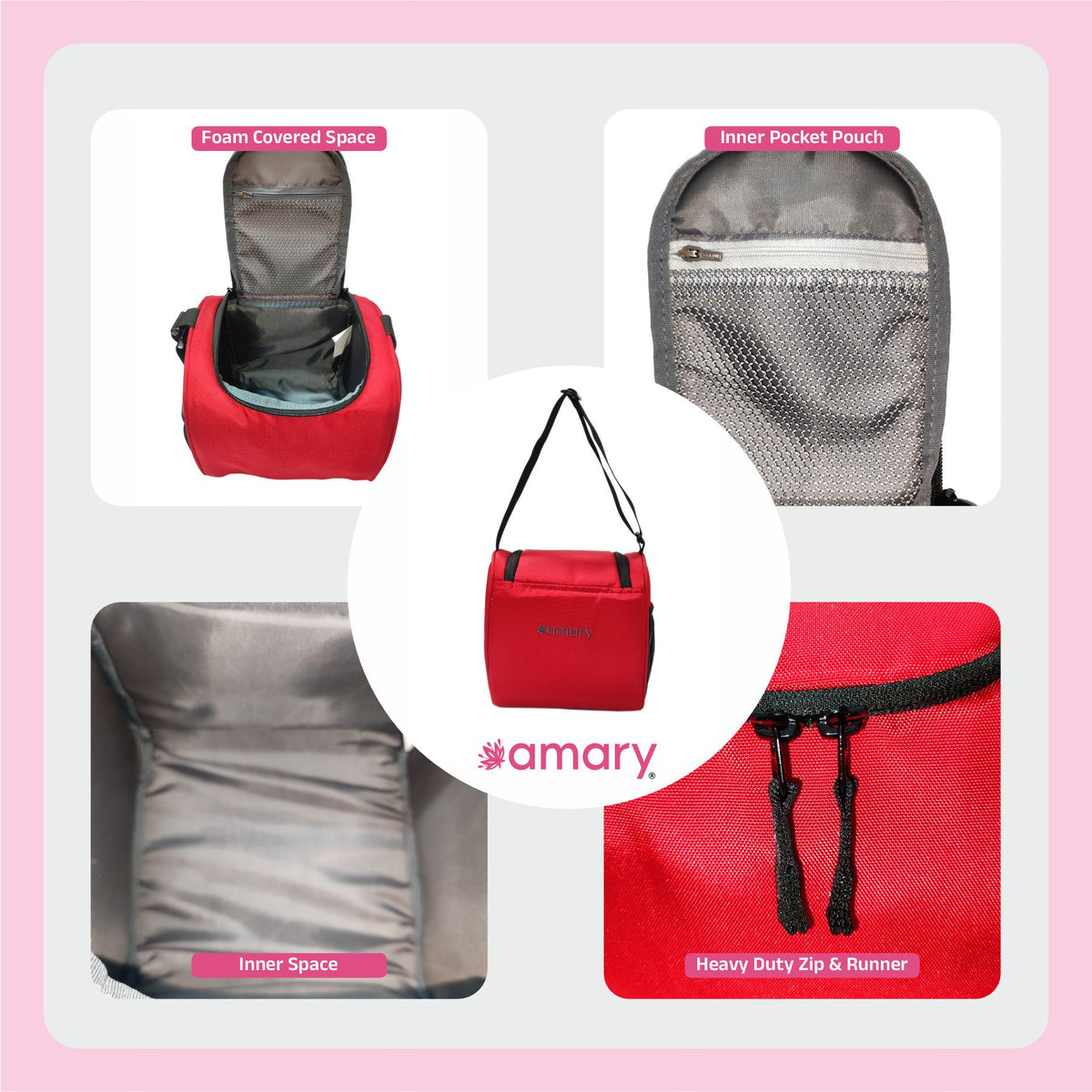 AMARY Lunch Bag | Water-Resistant PU Fabric | Durable, Lightweight & Spacious | YKK Zipper, Adjustable Strap, Nylon Thread | Ideal for Office, School & Travel (Red)