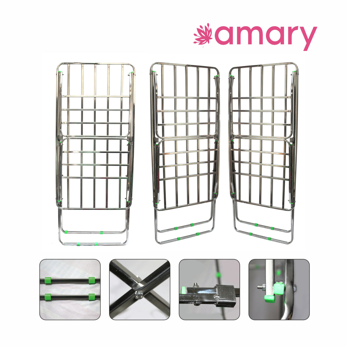 Amary Premium Heavy- Duty Stainless Steel Foldable Cloth Dryer Stand | Double Rack, Spacious Design, Easy Storage, Pre-assembled and Easy to use (Medium – 165cmx55cmx100cm)