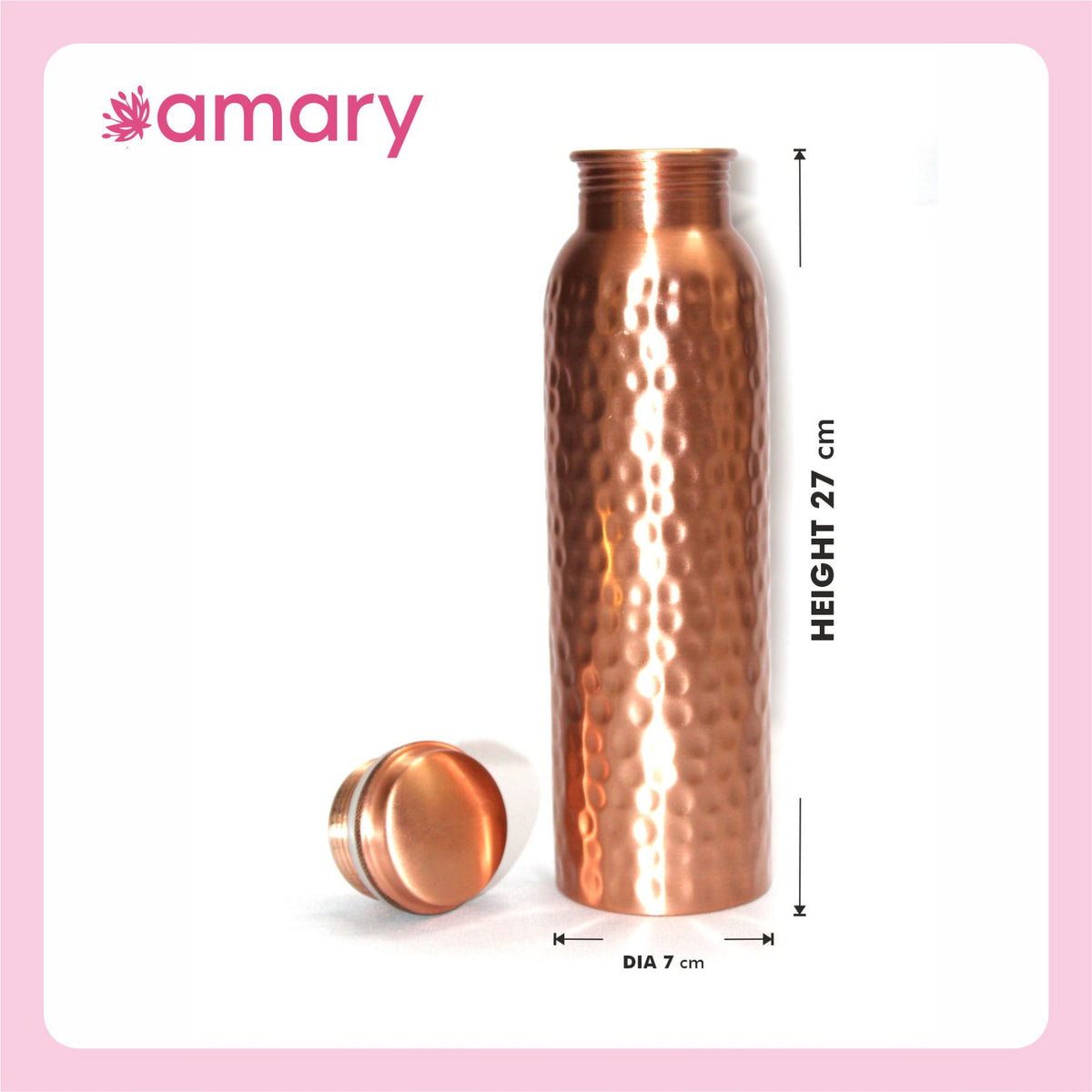Amary Pure Copper Bottle Matt Hammered | Jointless, Advanced Leakproof and BPA Free| Ayurvedic Health Benefits, Enhance Immunity | Ideal for Travel, Office, Gym, Yoga, Home, Kitchen| (Pack of 1, 1 Liter)