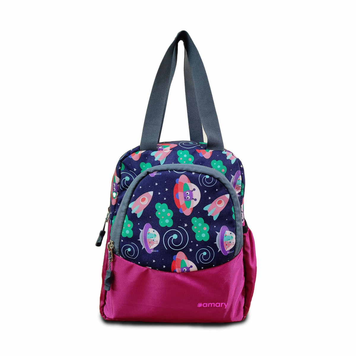 AMARY Lunch Bag with Front Pockets & Bottle Holder – Spacious, Lightweight, Water-Repellent Tiffin Bag for Work, School & Travel (Galaxy, Violet)