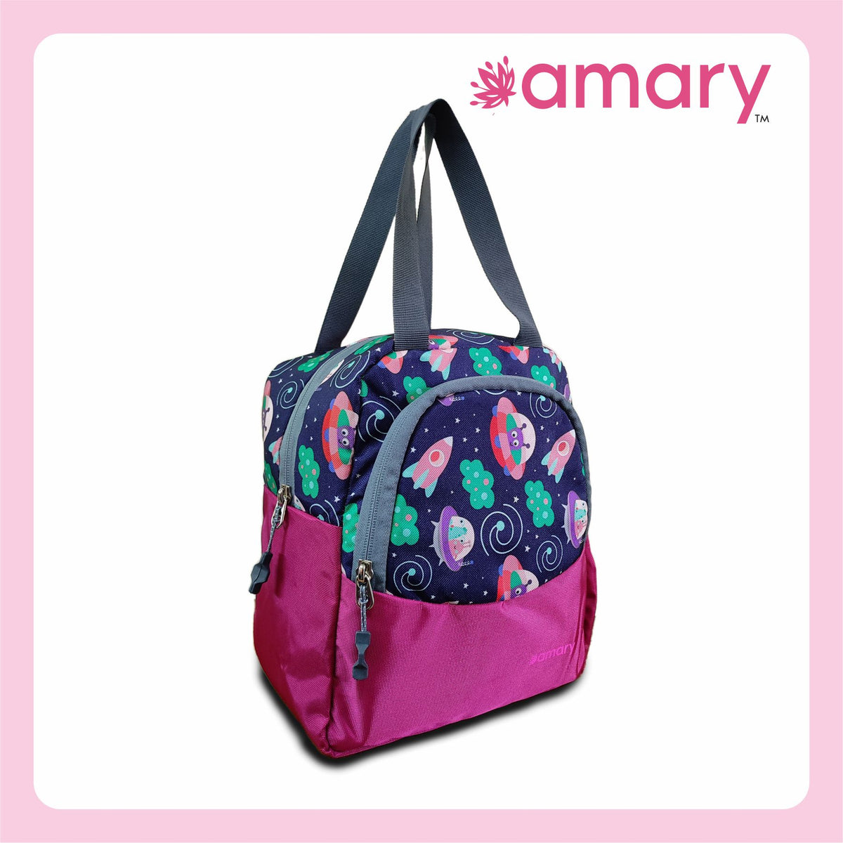 AMARY Lunch Bag with Front Pockets & Bottle Holder – Spacious, Lightweight, Water-Repellent Tiffin Bag for Work, School & Travel (Galaxy, Violet)