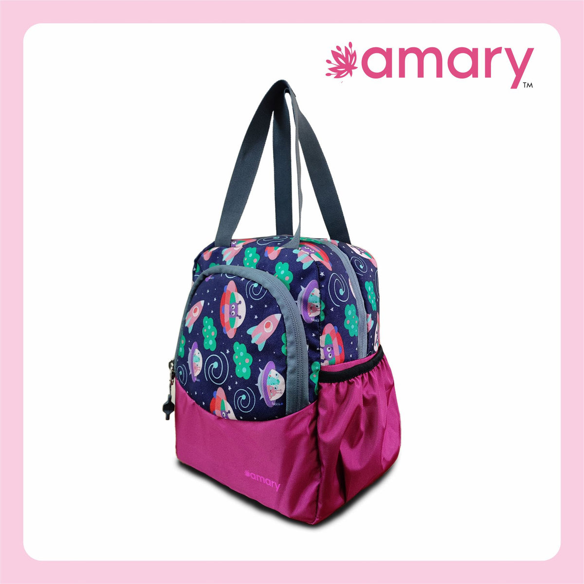 AMARY Lunch Bag with Front Pockets & Bottle Holder – Spacious, Lightweight, Water-Repellent Tiffin Bag for Work, School & Travel (Galaxy, Violet)