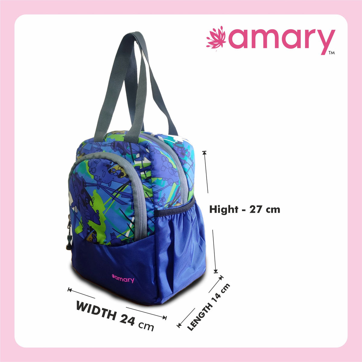 AMARY Lunch Bag with Front Pockets & Bottle Holder – Spacious, Lightweight, Water-Repellent Tiffin Bag for Work, School & Travel (Helicopter, Blue)