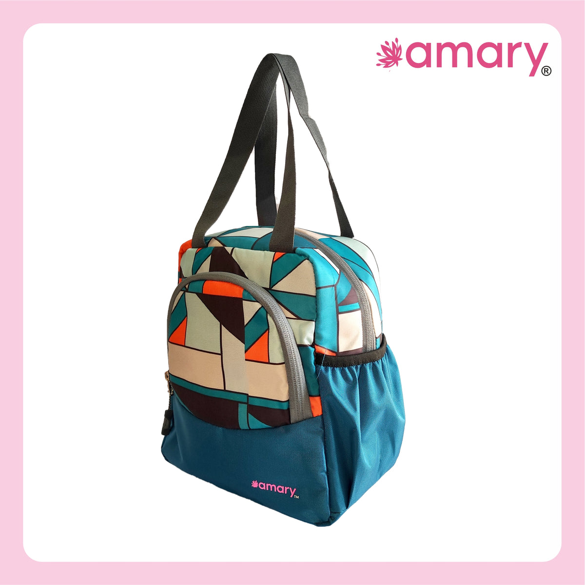 AMARY Lunch Bag with Front Pockets & Bottle Holder | Sturdy Light Weight Special Material |Water Repellent | Spacious Tiffin Bag, Lunch Bag, Bag for All Purpose Needs (Abstract,Aqua Blue)