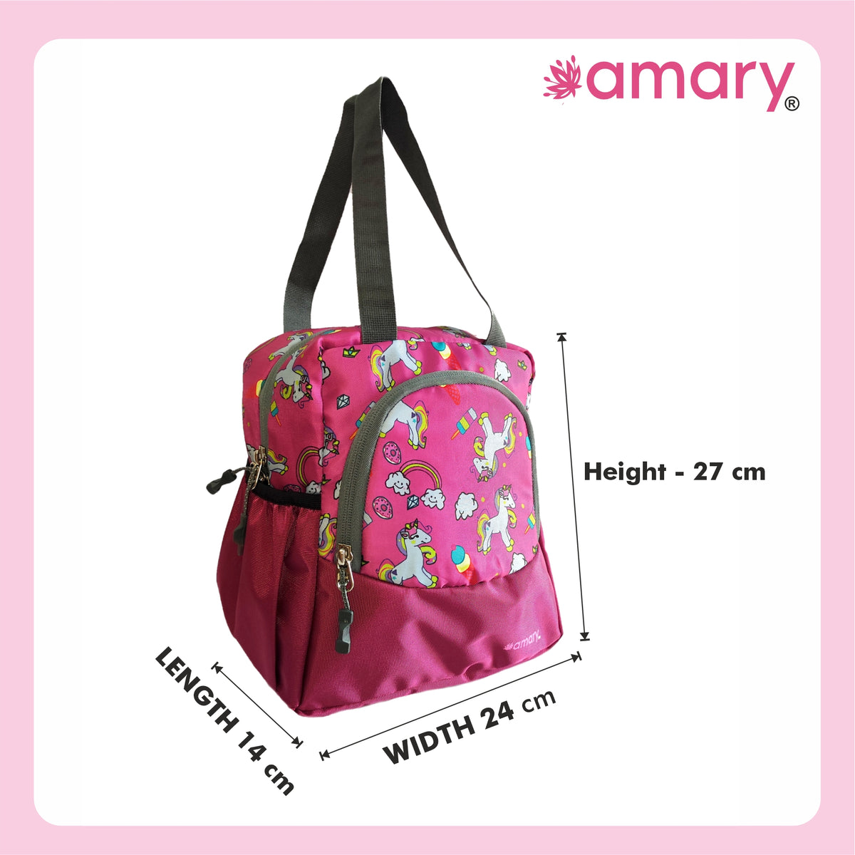 AMARY Lunch Bag with Front Pockets & Bottle Holder | Sturdy Light Weight Special Material |Water Repellent | Spacious Tiffin Bag, Lunch Bag, Bag for All Purpose Needs (Unicorn,Voilet)
