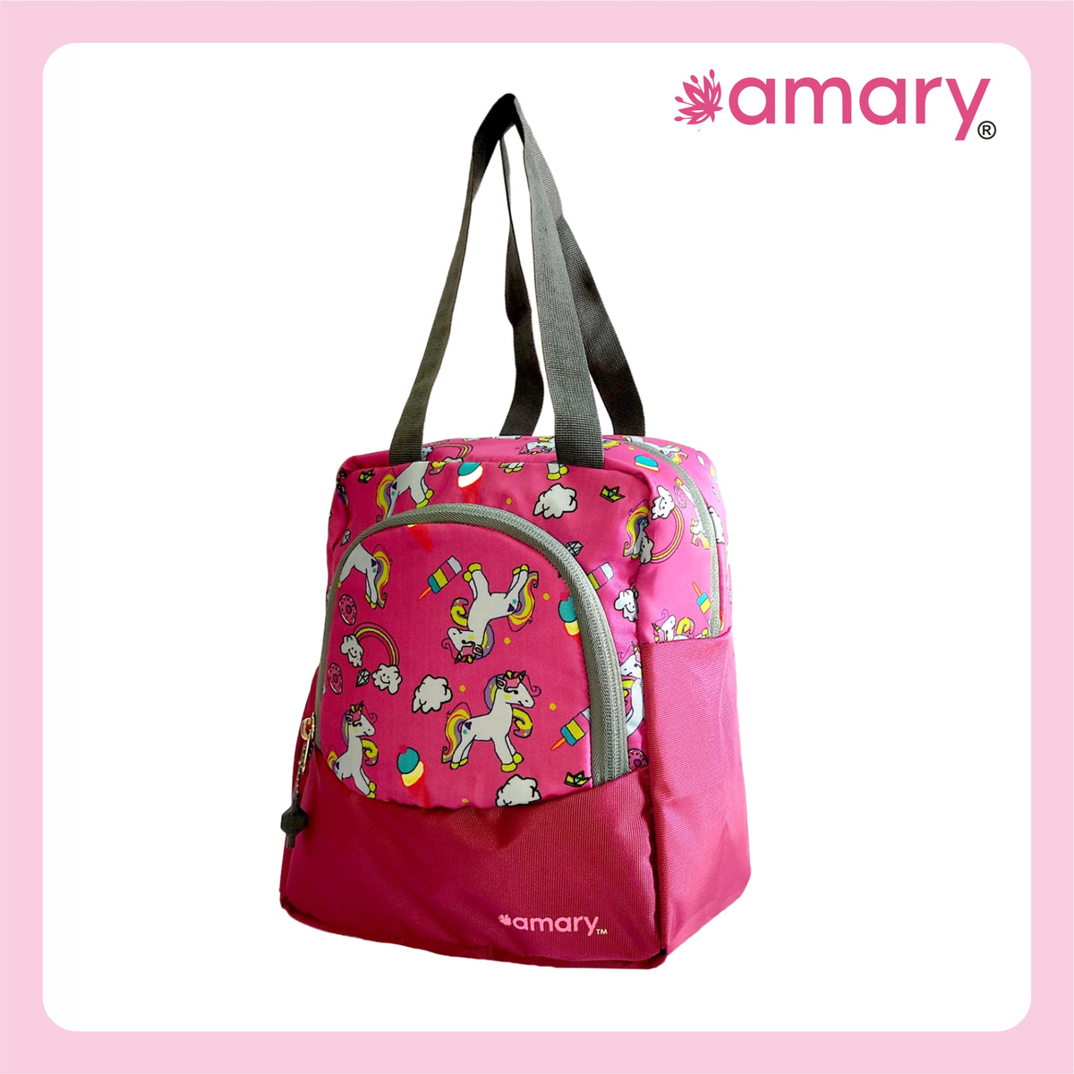 AMARY Lunch Bag with Front Pockets & Bottle Holder | Sturdy Light Weight Special Material |Water Repellent | Spacious Tiffin Bag, Lunch Bag, Bag for All Purpose Needs (Unicorn,Voilet)