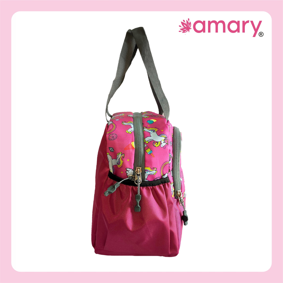 AMARY Lunch Bag with Front Pockets & Bottle Holder | Sturdy Light Weight Special Material |Water Repellent | Spacious Tiffin Bag, Lunch Bag, Bag for All Purpose Needs (Unicorn,Voilet)