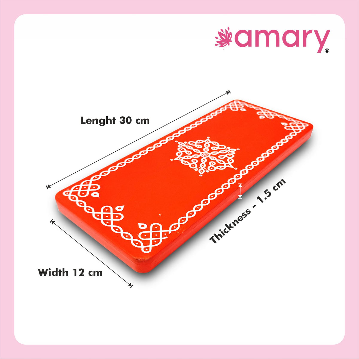 Amary Pooja Chowki | Wooden Palaka/Mane Pedestal for Puja and Diya stand |Traditional MDF Base with Intricate Design | Durable & Decorative | RectangleShape – Orange (Medium - 30cm x12cm)