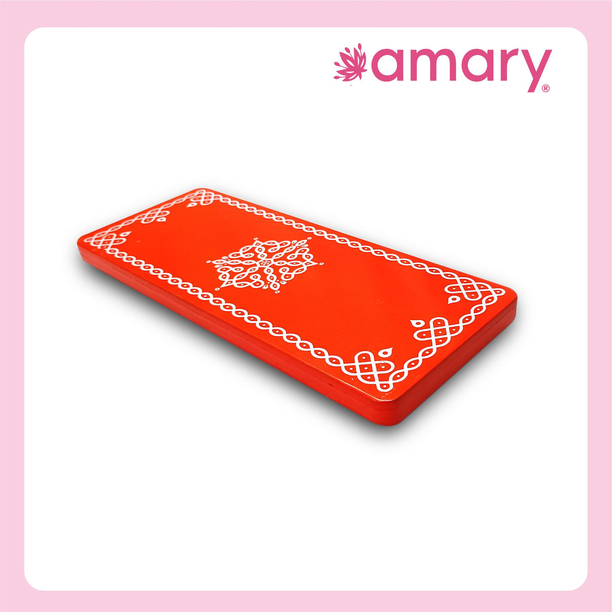 Amary Pooja Chowki | Wooden Palaka/Mane Pedestal for Puja and Diya stand |Traditional MDF Base with Intricate Design | Durable & Decorative | RectangleShape – Orange (Medium - 30cm x12cm)