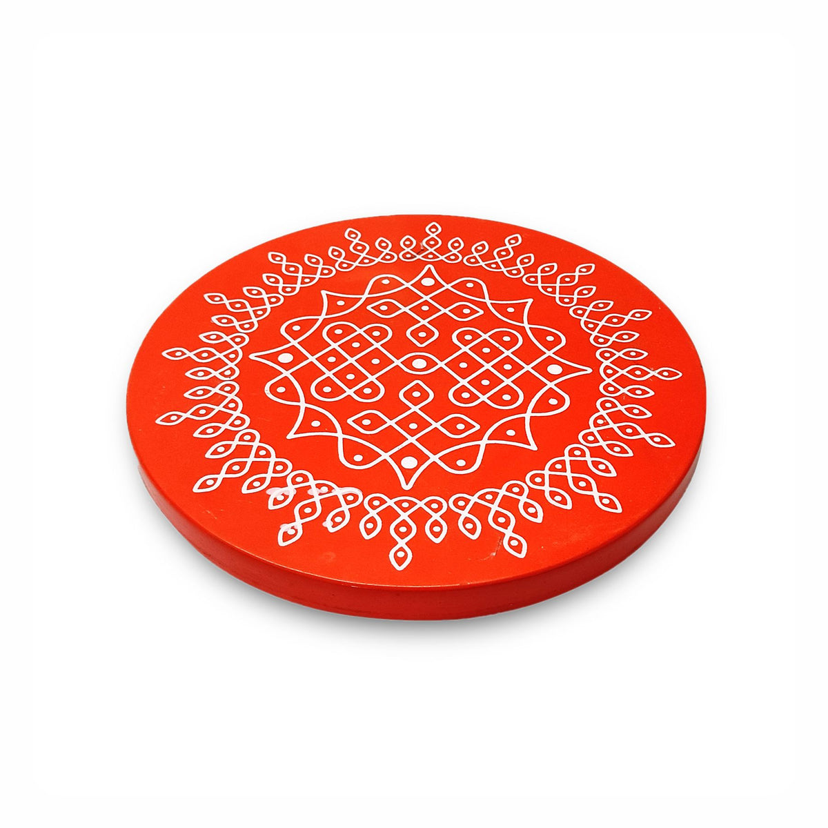 Amary Pooja Chowki | Wooden Palaka/Mane Pedestal for Puja and Diya stand |Traditional MDF Base with Intricate Design | Durable & Decorative | Circle Shape – Orange (Small - 20cm x20cm)