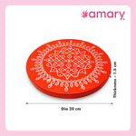 Amary Pooja Chowki | Wooden Palaka/Mane Pedestal for Puja and Diya stand |Traditional MDF Base with Intricate Design | Durable & Decorative | Circle Shape – Orange (Small - 20cm x20cm)