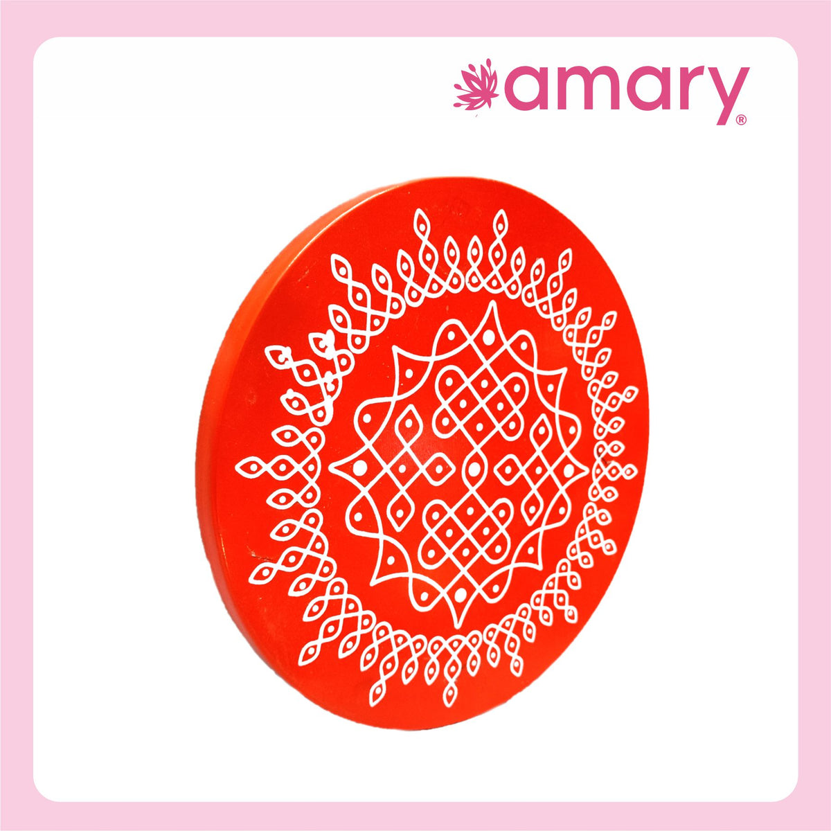 Amary Pooja Chowki | Wooden Palaka/Mane Pedestal for Puja and Diya stand |Traditional MDF Base with Intricate Design | Durable & Decorative | Circle Shape – Orange (Small - 20cm x20cm)