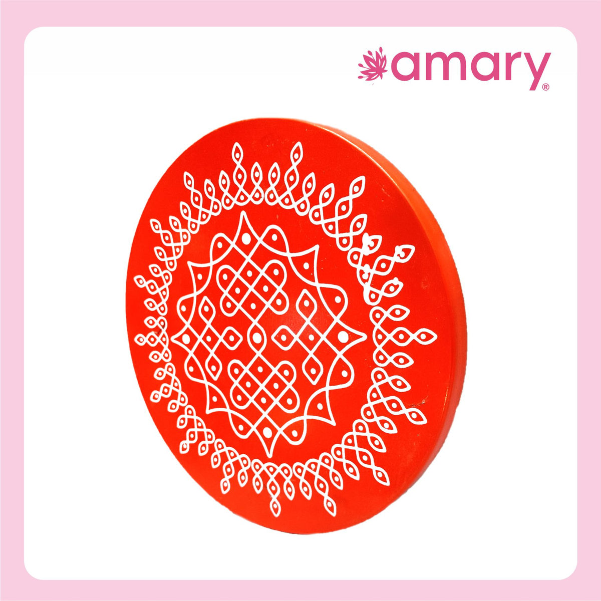 Amary Pooja Chowki | Wooden Palaka/Mane Pedestal for Puja and Diya stand |Traditional MDF Base with Intricate Design | Durable & Decorative | Circle Shape – Orange (Small - 20cm x20cm)