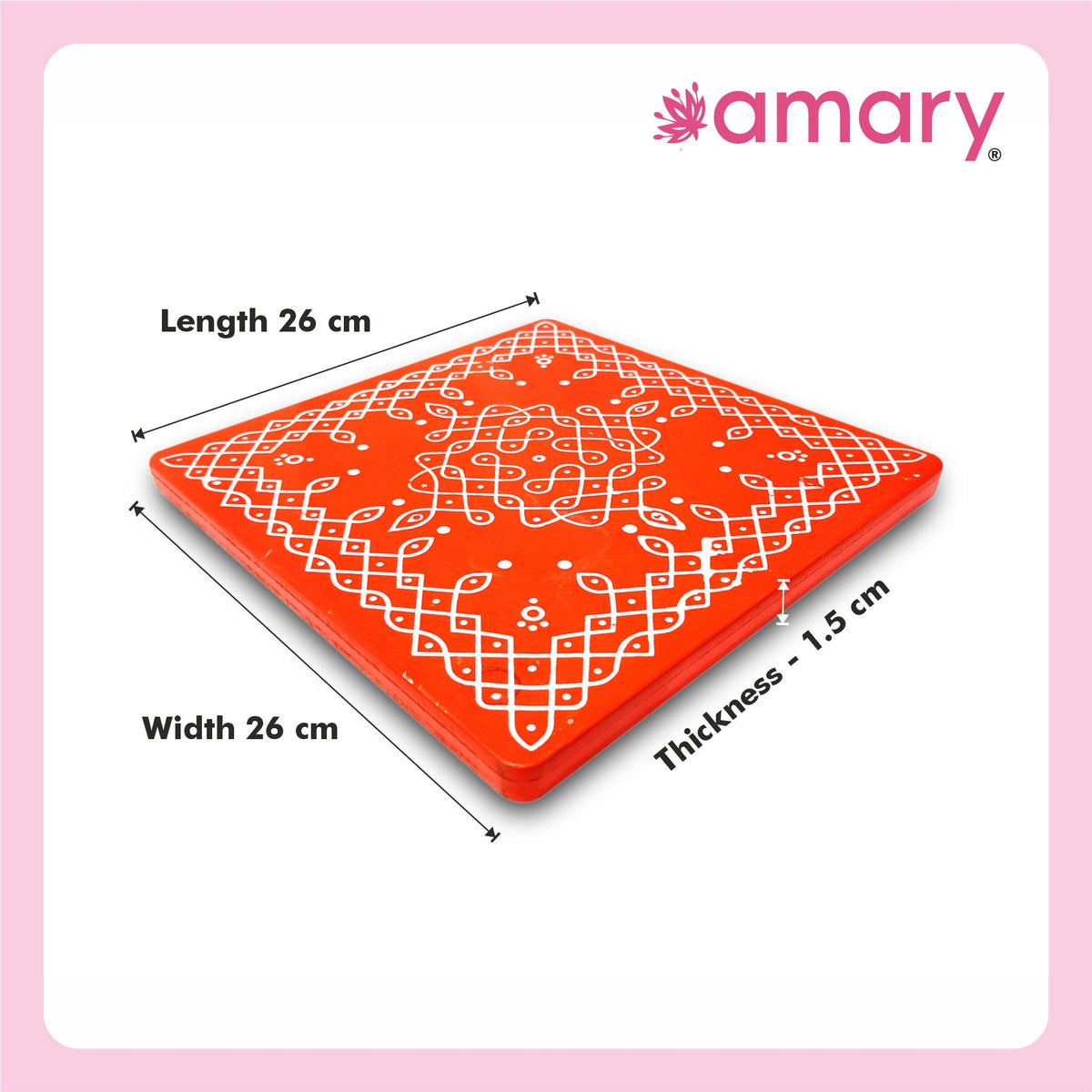 Amary Pooja Chowki | Wooden Palaka/Mane Pedestal for Puja and Diya stand |Traditional MDF Base with Intricate Design | Durable & Decorative | Square Shape - Orange (Big - 26cm x26cm)